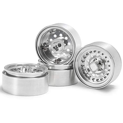 QUE-T 1.9" Pack of 4 Alloy Metal Beadlock Wheel Rims for 1/10 RC Crawler SCX10 90046 D90 Trx4 (Bright Silver) - color: Bright Silver
