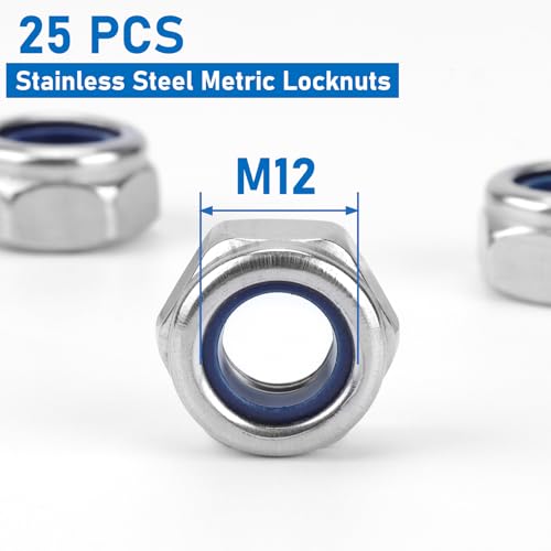 25 Pack 304 A2-70 M12 Nylon Lock Nuts | Stainless Steel M12 Nylock Nuts, Anti-Loose, for Heavy Duty Industrial & Home Fastening Locknuts - color: Silver, size: M12
