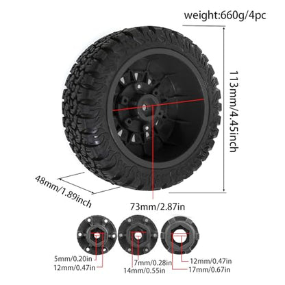 1/10 1/8 RC Short Course Truck Tires OD 113mm and Wheels 12mm 14mm 17mm Hex for 1:8 1:10 Scale Off Road Truck Car Traxxas Slash 2WD 4×4 Axial Losi Redcat Rc4wd Arrma Senton 4PCS (Black) - color: Black
