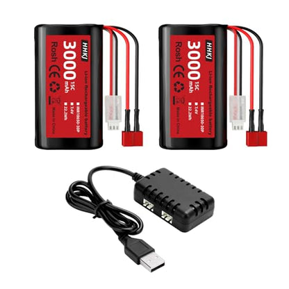 2PCS 7.4V 3000mAh 15C 2S T Plug Rechargeable Li-ion Battery with 1 to 2 Charger for 4WD High Speed RC Car and Most 1/12, 1/16, 1/18 Scale RC Car,Truck RC Ship Engineering Vehicle Backup Battery