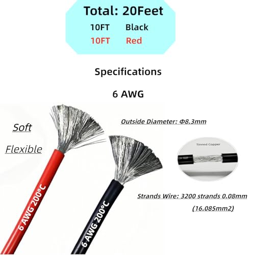 6 Gauge Silicone Wire (10 ft Red+10 ft Black ﻿) Ultra Flexible 6AWG Twisted Marine Grade Oil Wire Oxygen Free tin Plated Copper Cable, Suitable for Speakers, Cars, Batteries, Lighting - size: 10ft Red+10ft Black ﻿, style: 6 AWG