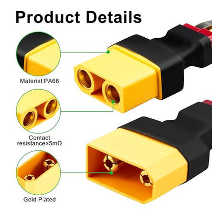 XT90 to T Plug Adapter, 4PCS Industrial-Grade Connector (2 XT90 Male to T Female & 2 XT90 Female to T Male) for High Current 6S+ LiPo Battery, FPV Drone, RC Car, ESC (150A) -40°F to 257°F