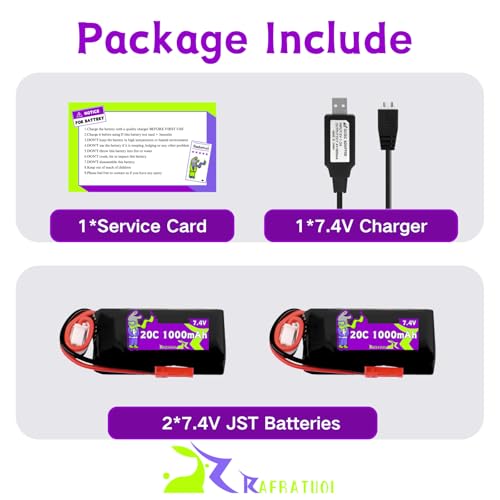 2S 7.4V 1000mAh 20C Battery with JST Plug Compatible with WLToys Mini RC Car K989 K969 K979 K999 P939 P929 1/28 MINI-Q 284131 Toy Speed Racing Truck with Charger