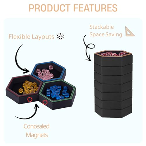 Magnetic Hex Board Game Trays, Modular Stackable Token Dice Trays (7-Pack) | Built-in Magnets, Flexible Combination, Stackable For Storage, Token & Dice Organizer, 7 Colors, Modular Design