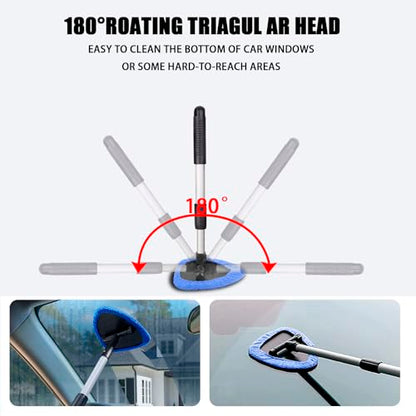 4 Pack Windshield Cleaning Tool with Extendable Handle, Blue | aluminum ABS and microfiber body, pivoting head, reusable cloth pads, fits most vehicle glass, auto cleaning tools - color: Blue