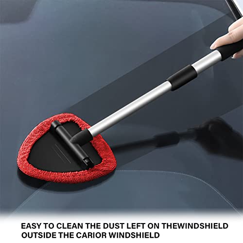 Moly Magnolia Windshield Cleaner Tool, 4 Pads, 19.29 Inch Reach, Red | For sedans, SUVs, trucks, washable microfiber covers, 180° swivel head, aluminum shaft, PP grip, car interior accessories - color: Red