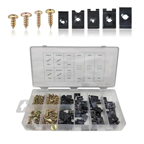 170PCS Car U Clips and Screw Assortment Kit, 9 Different Sizes Car Nut and Bolt Assortment, Auto U Nut Screw Clip, Auto Body Clips and Fasteners for Dash Door Panel Interior Engine Screw Bolt