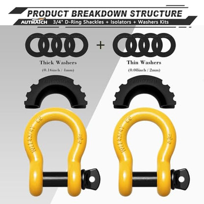 AUTMATCH 3/4" D Ring Shackles (2-Pack) - 41,887 lbs Break Strength | Heavy Duty Clevis Shackle with 7/8" Pin & Isolator Washer Kit for Tow Strap, Winch, Towing & Off-Road Vehicle Recovery,Yellow - color: Yellow & Black