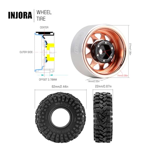 INJORA 1.0 Beadlock Wheel Tires Set -3.78mm Offset Wheel Rims for 1/18 1/24 RC Crawler Car Axial SCX24 FMS FCX24 TRX4M,Rose(W1004-T1014) - color: Rose