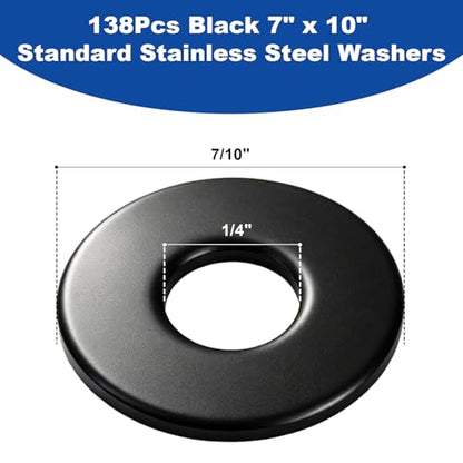 ZQZ 138Pcs 1/4" x 7/10" Flat Washers, 304 Stainless Steel Fender Washers, Black Finish, Standard Stainless Steel Washers for Screws - size: B-1/4" x 7/10"-138 Pieces