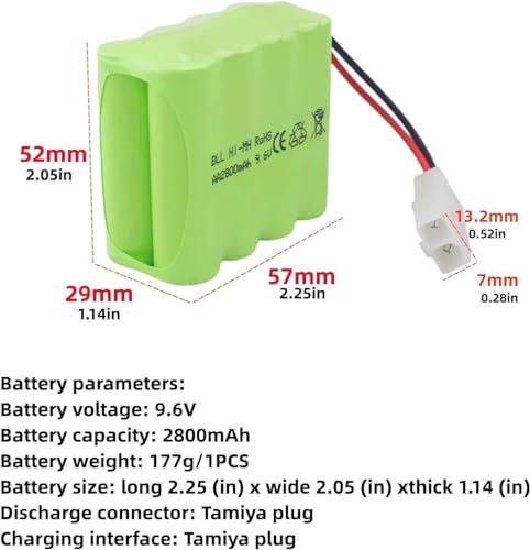 1PCS AA 9.6V 2800mAh Ni-MH High Capacity Battery with Tamiya Plug and USB Charging Cable for Toy Tank Engineering, Flat Semi-Trailer Truck, RC Car Spare Battery Pack