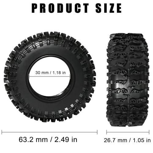 1.3 Tires for SCX24 & TRX4M 63.2 26.7mm RC Crawler Tires Upgrades with Foam Inserts Compatible with Traxxas Axial 1/18 1/24 Scale RC Cars Aggressive Mud Terrain Cling On Design - size: 1.3-66mm-jct