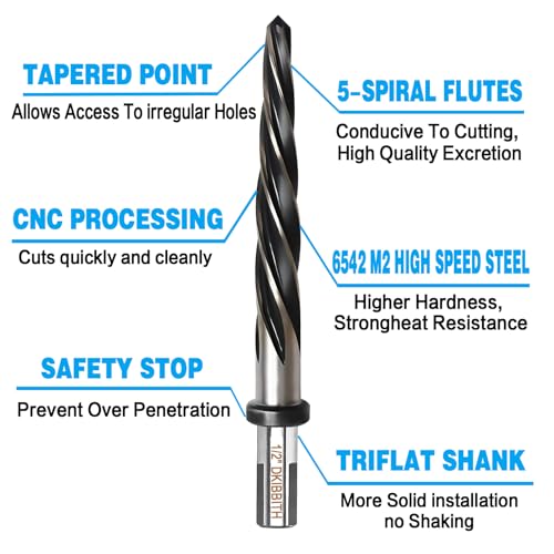 1/2” Bridge Construction Reamer Drill Bit, M2 HSS Taper Chucking Reamer for Steel Alloy Metal Wood Plastic, 1/2" Non-Slip Shank, 5-Spiral Flutes Car Reamer, to Align or Enlarge Holes, 12mm - size: 1/2”
