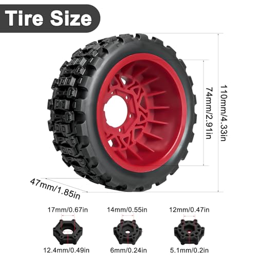 LRFHL 1/10 RC Short Course Truck Tires with 12mm 14mm 17mm Hex, 4PCS | Pre-Glued, RC Off-Road Short Truck Tires, for 1/8 1/10 Arrma Senton Traxxas Slash 2WD Axial Losi Redcat - color: Black Tires+ Red Wheels