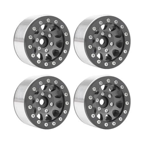 4PCS 1.55 Inch Aluminum Alloy Metal 10Holes Beadlock Wheel Rim Hubs Replacement Accessory for Tamiya AX90069 D90 TF2 CC01 CC02 1/10 RC Crawler Car Upgrade Parts (Black) - color: Black