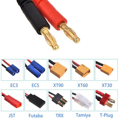 RC Lipo Battery Charger Adapter Connector Splitter Cable, 10 in 1 Convert Wire to 4.0mm Banana Plug with 2-6S Charge Balance Board for TRX, T-Plug, Tamiya, Futaba, JST, XT90, XT60, XT30, EC3, EC5