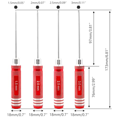 4 Pieces Hex Screw Driver Set 1.5mm 2.0mm 2.5mm 3.0mm Allen Wrench Keys Screwdriver Kit RC Repair Tools for Traxxas RC Car Drone Multi-Axis Helicopter Arrma Axial Losi Redcat Racing (Red) - color: Red