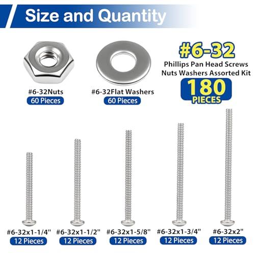 #6-32 x 1-1/4" to 2" Long Pan Head Machine Screw Kit for Electrical Outlets | 180Pcs with Nut Washer, 304 Stainless Steel UNC Fully Threaded Phillips Drive, for Outlet Box, Wall Plate, Furniture Assembly - size: #6-32(Long Screws Kit）