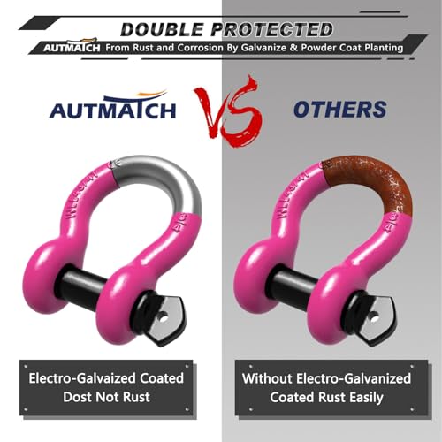 AUTMATCH 3/4" D Ring Shackles (2-Pack) - 41,887 lbs Break Strength | Heavy Duty Clevis Shackle with 7/8" Pin & Isolator Washer Kit for Tow Strap, Winch, Towing & Off-Road Vehicle Recovery, Pink - color: Pink & Black