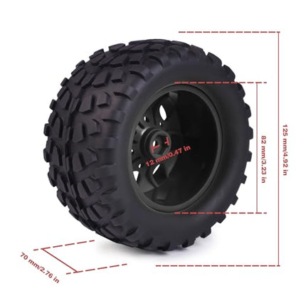 Hosim 70 * 125 mm RC Tires, All Terrain Soft Tire Mounted on 12mm Hex Wheels (Set of 4) for 1/10 RC Cars (Black Wheel hub) - color: Black