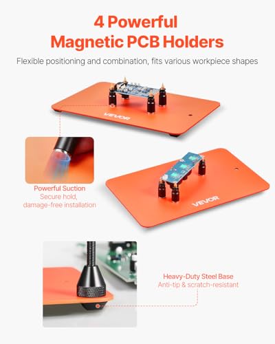 VEVOR Magnetic Helping Hands Soldering Station, Third Hand Soldering Tool with Gooseneck LED Magnifying Lamp, 4 PCB Holders & 360 Hot Air Gun Holder for Electronic Repair Craft Hobby - style: with Heat Gun Holder