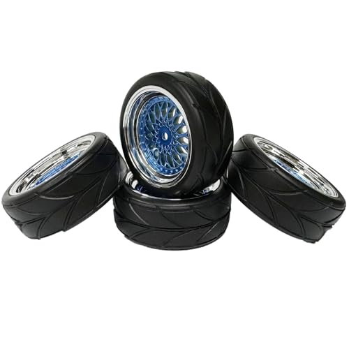 4PCS 64mm RC On Road Rubber Tires and Plastic Plating Wheel Rims Set Replacement Part for 1/10 RC Run-flating Touring Racing Drift Car Tyre(Blue Silver,Offset:6mm) - color: Blue Silver, size: Offset:6mm