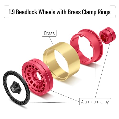 OGRC Brass Aluminum 1.9 Beadlock Wheels 167g 1/10 RC Crawler Wheels | 668g Total Weights, 12mm Hex, for Gen7 Gen8 D90 VS4-10 1/10 RC Carwler, Red - color: Red