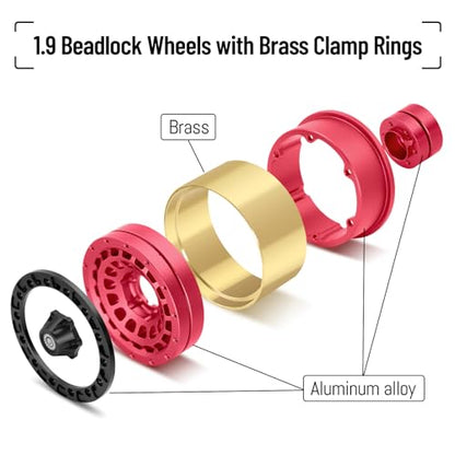 OGRC Brass Aluminum 1.9 Beadlock Wheels 167g 1/10 RC Crawler Wheels | 668g Total Weights, 12mm Hex, for Gen7 Gen8 D90 VS4-10 1/10 RC Carwler, Red - color: Red