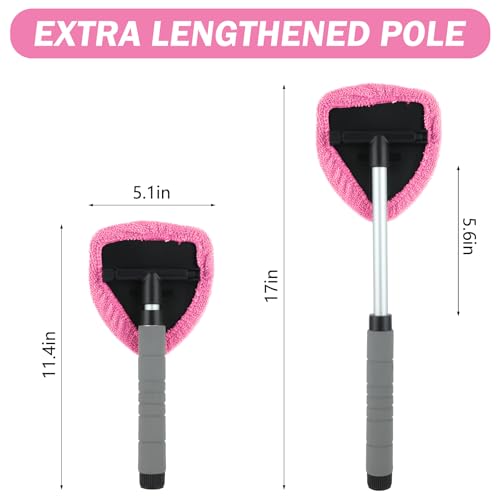 8 Pcs Car Window Cleaner Kit Triangle Shape Include Windshield Cleaning Tool with Extendable Handle 5 Microfiber Bonnets 1 Car Ventilation Brush 1 Empty 50ml Spray Bottle Glass Wiper Kits, Pink - color: Pink