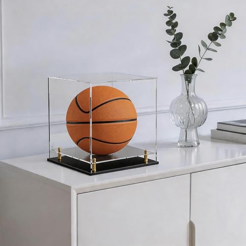 Acrylic Display Case with Raised Shelf & Ball Holder, Clear Display Box with Black Base & Gold Standoffs, Dustproof Showcase for Fullsize Basketball – Easy Assembly (12×12×12 Inch) - size: 12"L x 12"W x 12"H (with Ball Position)