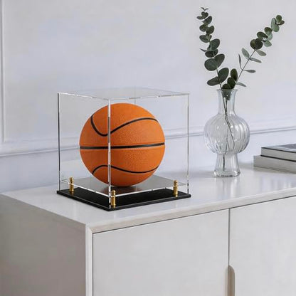 Acrylic Display Case with Raised Shelf & Ball Holder, Clear Display Box with Black Base & Gold Standoffs, Dustproof Showcase for Fullsize Basketball – Easy Assembly (12×12×12 Inch) - size: 12"L x 12"W x 12"H (with Ball Position)