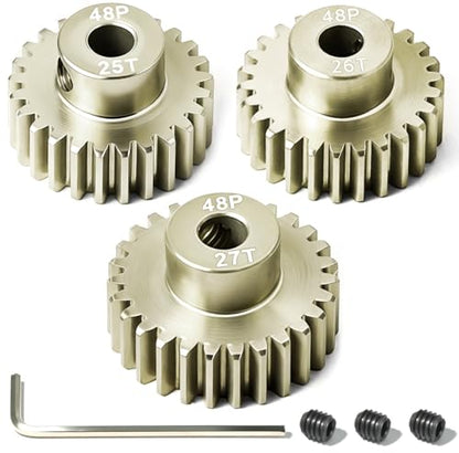 3PCS 48P Pinion Gear Set 7075 Aluminum Alloy 3.175mm Shaft 25T 26T 27T with Screws & Hex for 1/10 RC Arrma Traxxas HPI Sakura Losi Axial SCX10 Tamiya Monster Truck Buggy Motor Gears Upgrade - size: 25 26 27T