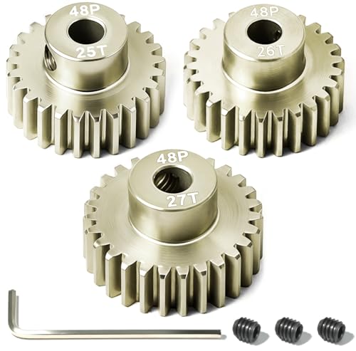 3PCS 48P Pinion Gear Set 7075 Aluminum Alloy 3.175mm Shaft 25T 26T 27T with Screws & Hex for 1/10 RC Arrma Traxxas HPI Sakura Losi Axial SCX10 Tamiya Monster Truck Buggy Motor Gears Upgrade - size: 25 26 27T