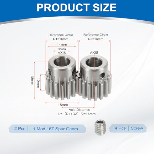 uxcell 2Pcs 1 Mod 16T Spur Gear 8mm Bore, 304 Stainless Steel Pinion Gear, 20°Pressure Angle, for Spur Rack and RC Model Car or Motor DIY(14mm) - size: 1 Mod 16T, 8mm x 14mm