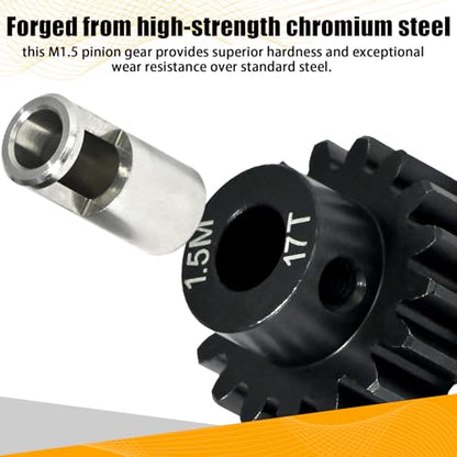 M1.5 17T Pinion Gear 8mm Bore with 8mm to 5mm Shaft Adapter Sleeve, Chromium Steel Motor Gear with Set Screw & Hex Key for Traxxas ARRMA Losi 1/5 1/8 RC Cars - size: 17T