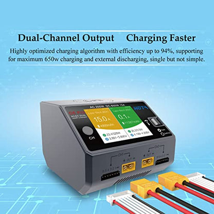 HOTA D6 Pro Balance Charger: Dual Ports Smart Charger with Phone Wireless Charging for Lipo Battery Li-ion LiHv Nicd NiMH Battery RC Car Drone Support AC/DC Input （Transparent Blue）