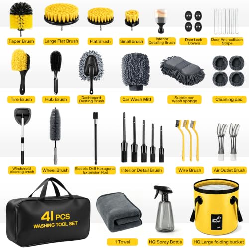 41Pcs Car Detailing Kit Interior with Drill Brush, Folding Bucket & Tote | Cleaning Set for Interior & Wheel Care, Portable, Fits Cars, Trucks & Motorcycles, Ideal for Diy Car Detailing, Yellow - size: 41Pcs