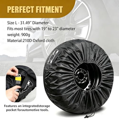 Car Spare Tire Cover, 31.49" Thickened Oxford Fabric Waterproof Portable Tire Storage Bag with Handle, Stable Adjustable Sunscreen Tire Protector, Universal Storage Accessory for Cars (Black)