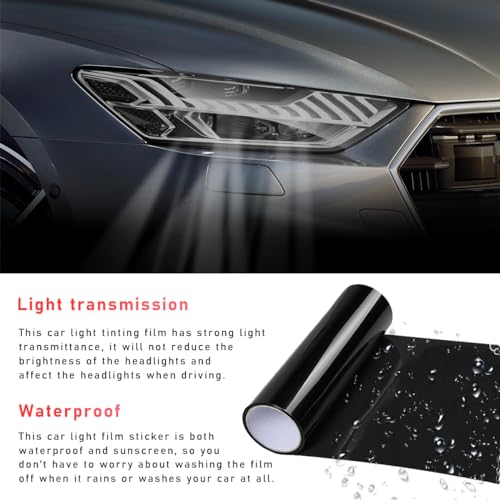 povtii Tint Vinyl Film Sticker Sheet Roll for Car Headlight, 12×48 Inch Auto Taillight Vinyl Wrap Film, Self Adhesive Fog Light Vinyl Film with Squeeze & Cutter, Car Accessories (Dark Black) - color: Dark Black