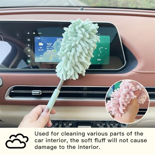 2PCS Car Interior Duster with Extension Pole, Microfiber Retractable Dusters Auto Dash Cleaning Tool, Soft Chenille Hand Washable Dusters for Vehicle Window Office Furniture (Light Green) - color: Light Green