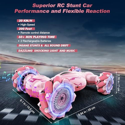 Fosgoit Pink RC Car Toys for Girls Aged 6-12, Gesture Sensing RC Stunt Cars with Lights Music for Girl Birthday Xmas Gifts, 2.4GHz 4WD Pink Remote Control Toy Double-Side Flip 360° All-Round Rotation - color: Pink