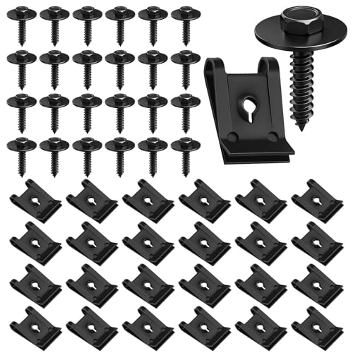 50Pcs M4.2 Automotive Body Bolt & U-Nut Clips Kit Replacement | Universal Fender Liner Screws and U-Nut Clamp Set, Engine Splash Shield Hex Head Screw Kits for Most Cars, Trucks, SUVs, Vans - color: Black-M4.2