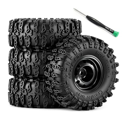 0.7" Beadlock Wheels and Tires for 1/30 Scale Axial SCX30 RC Crawler (Black) - color: Black