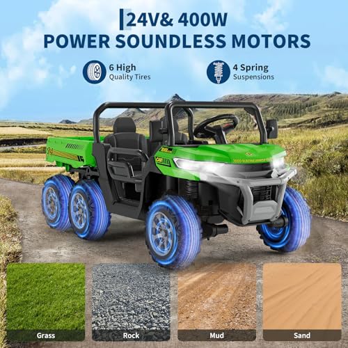 Hetoy 24V 2-Seater Ride On Dump Truck with Parent Remote Control, 4WD 6-Wheel Electric Car for Big Kids, UTV Style Dump Bed & Music Horn, ASTM/CPSIA Certified (Ages 3+) (Green) - color: Green