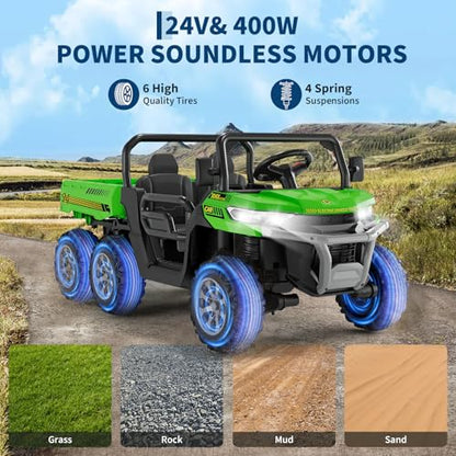 Hetoy 24V 2-Seater Ride On Dump Truck with Parent Remote Control, 4WD 6-Wheel Electric Car for Big Kids, UTV Style Dump Bed & Music Horn, ASTM/CPSIA Certified (Ages 3+) (Green) - color: Green