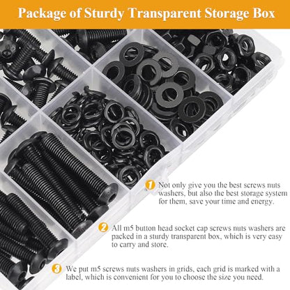 242 Pieces M5 Screws Nuts Washers Set Black, Sutemribor M5 x 8/10/12/16/20/25/30mm Button Head Socket Cap Screws Nuts Washers Assortment Kit, 10.9 Grade Alloy Steel, Fully Threaded - size: M5 x 8-30mm, style: Button Head
