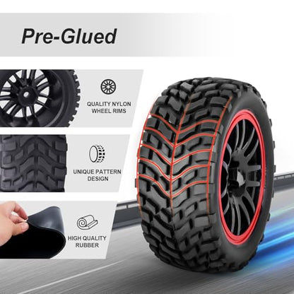 HobbyPark 2.55" Tall 12mm Hex PreGlued 1/10 RC Touring Car Wheels and Tires Set 1.02" 26mm Wide Soft Rubber for Tamiya HPI Traxxas Redcat Kyosho Brushless Motor 2S 3S Lipo (Style 1)