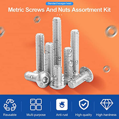 NINDEJIN Black & Silver Hex Socket Head Screws Bolts Nuts and Flat Washer Assortment Kit(Hex Socket Flat/Button/Cap Head) (580Pcs Hex Cap Head Socket Screws Nuts) | 304 Stainless Steel, Good Handling and High Toughness, Bolts, Nuts, for Home, Office Equip