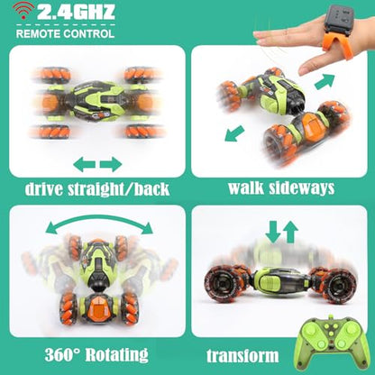 FUNiOi Gesture Sensing RC Stunt Car - Remote & Hand-Controlled Drift Toy for Kids Ages 5-7 6-8 9 10 11 12 Year Old, 4WD, Double-Sided Driving with Lights & Music - style: 4WD