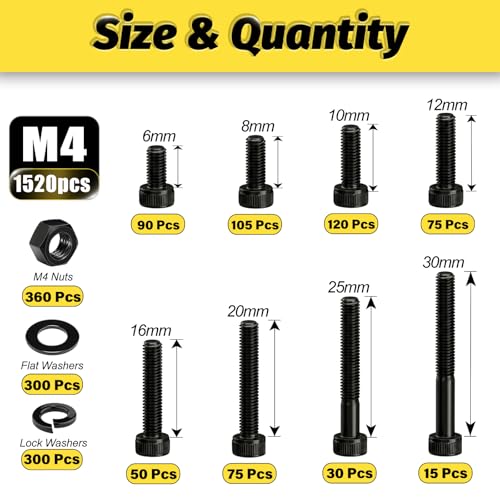 Kadrick M4 Screws Kit 1520PCS, M4x6MM-25MM Bolts with Nuts,Washers & Hex Wrench, Optimized Size Distribution, Class 12.9 Socket Head Cap M4 Screws, Black Zinc Plated, for Mechanical, Repair & DIY - size: M4 1520Pcs New